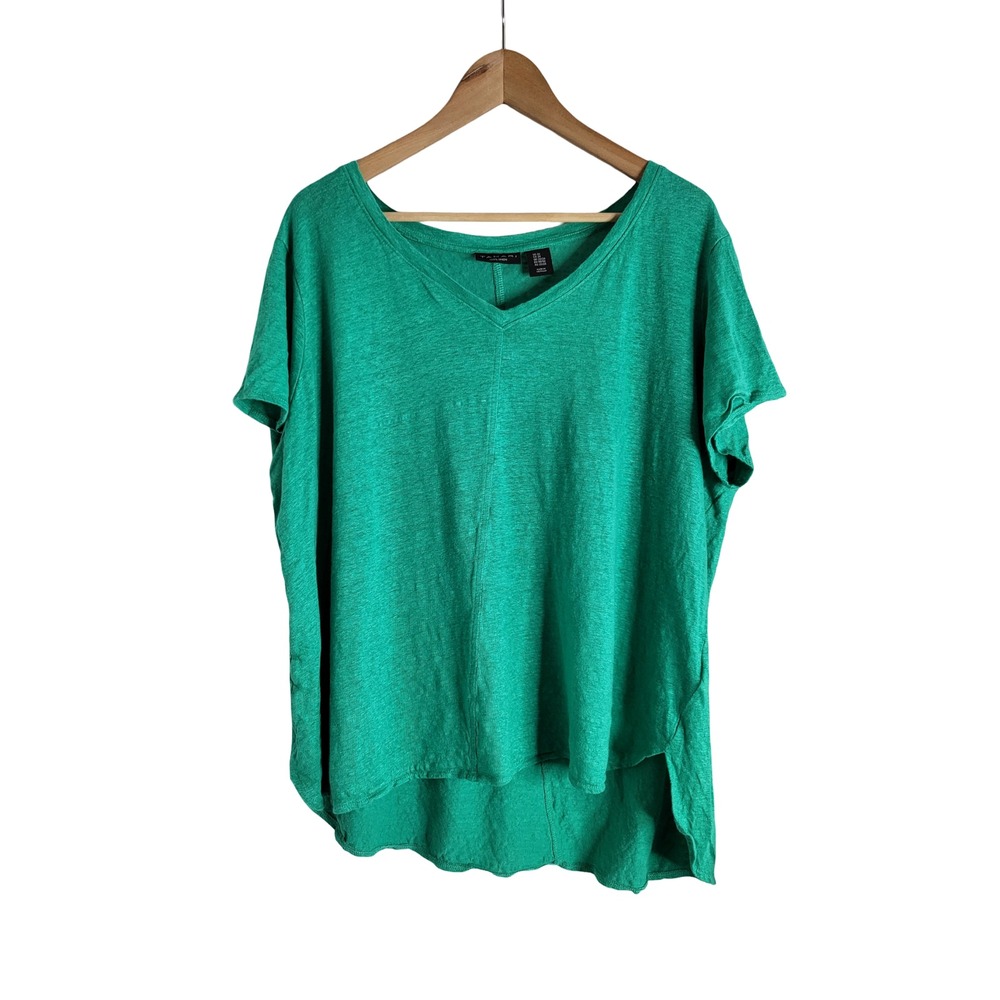 Tahari Green 100% Linen V-Neck Short Sleeve High Low Hem Top Plus Sz 2X Coastal